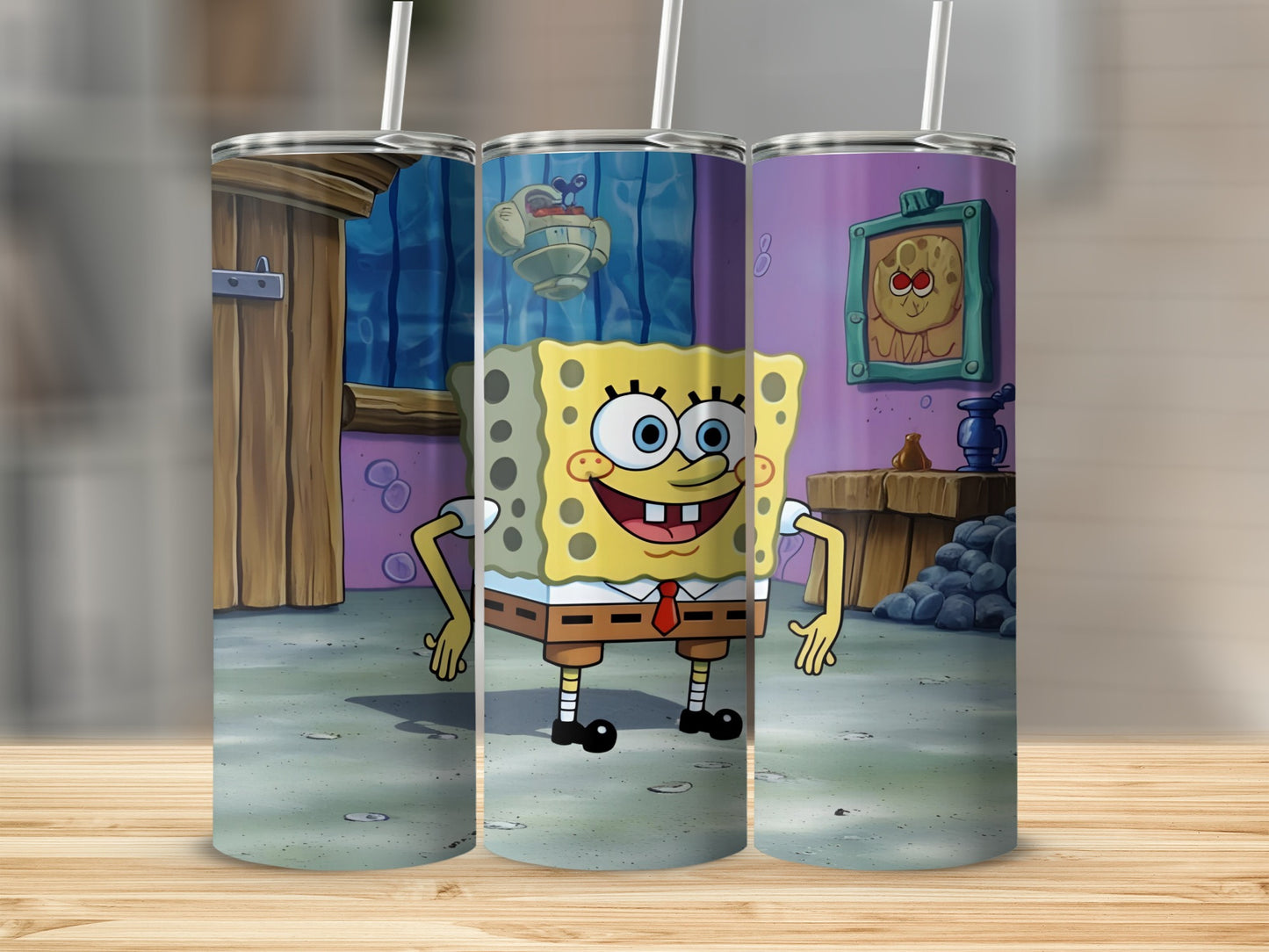 SpongeBob SquarePants in his Krusty Krab uniform, standing in a kitchen.