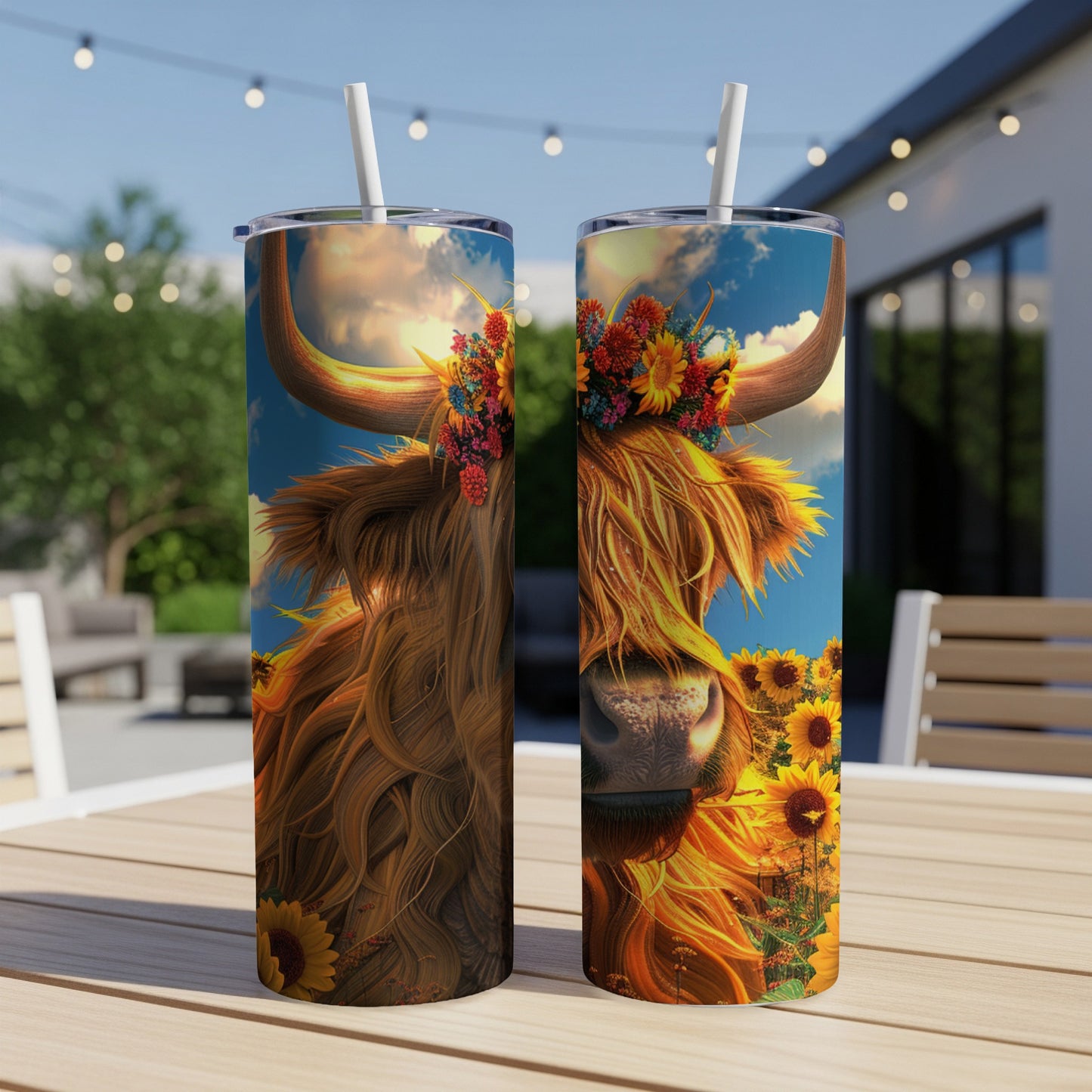 Highland cow with floral crown and sunflowers on a tumbler.