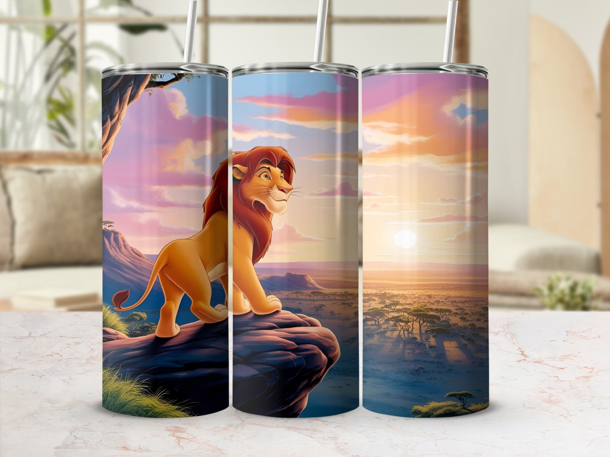Simba the lion standing on a rocky outcrop overlooking a savanna landscape at sunset.