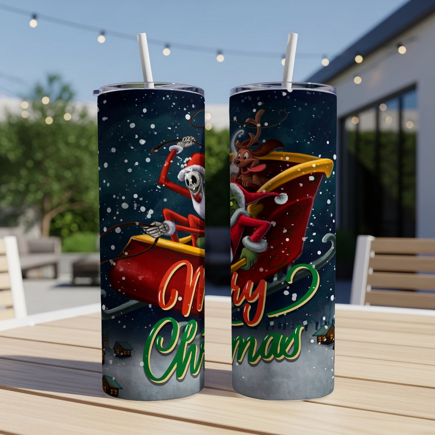 Santa Jack Skellington and reindeer pulling a sleigh with "Merry Christmas" text.