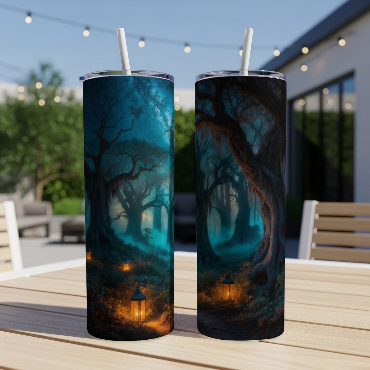 Enchanted forest scene with lanterns and trees wrapping around two tumblers.