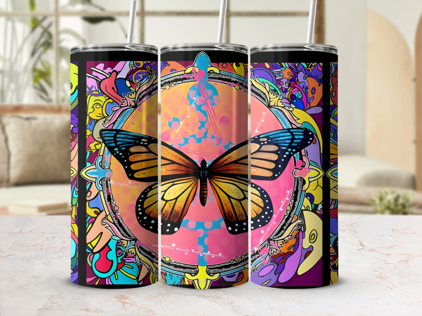 Tumbler with a colorful abstract design featuring a large butterfly.