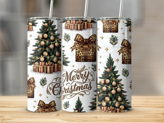 Christmas tree tumbler with leopard print bow and "Merry Christmas" text.
