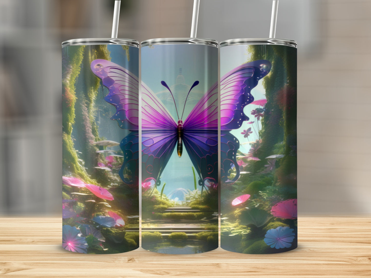 Tall tumbler with purple butterfly on mossy path with flowers.