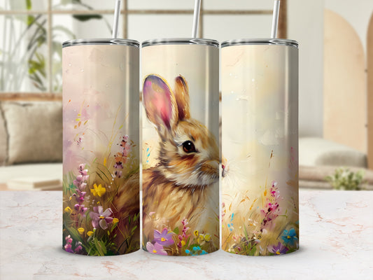 Watercolor bunny and wildflowers adorn three tumblers on a marble surface.