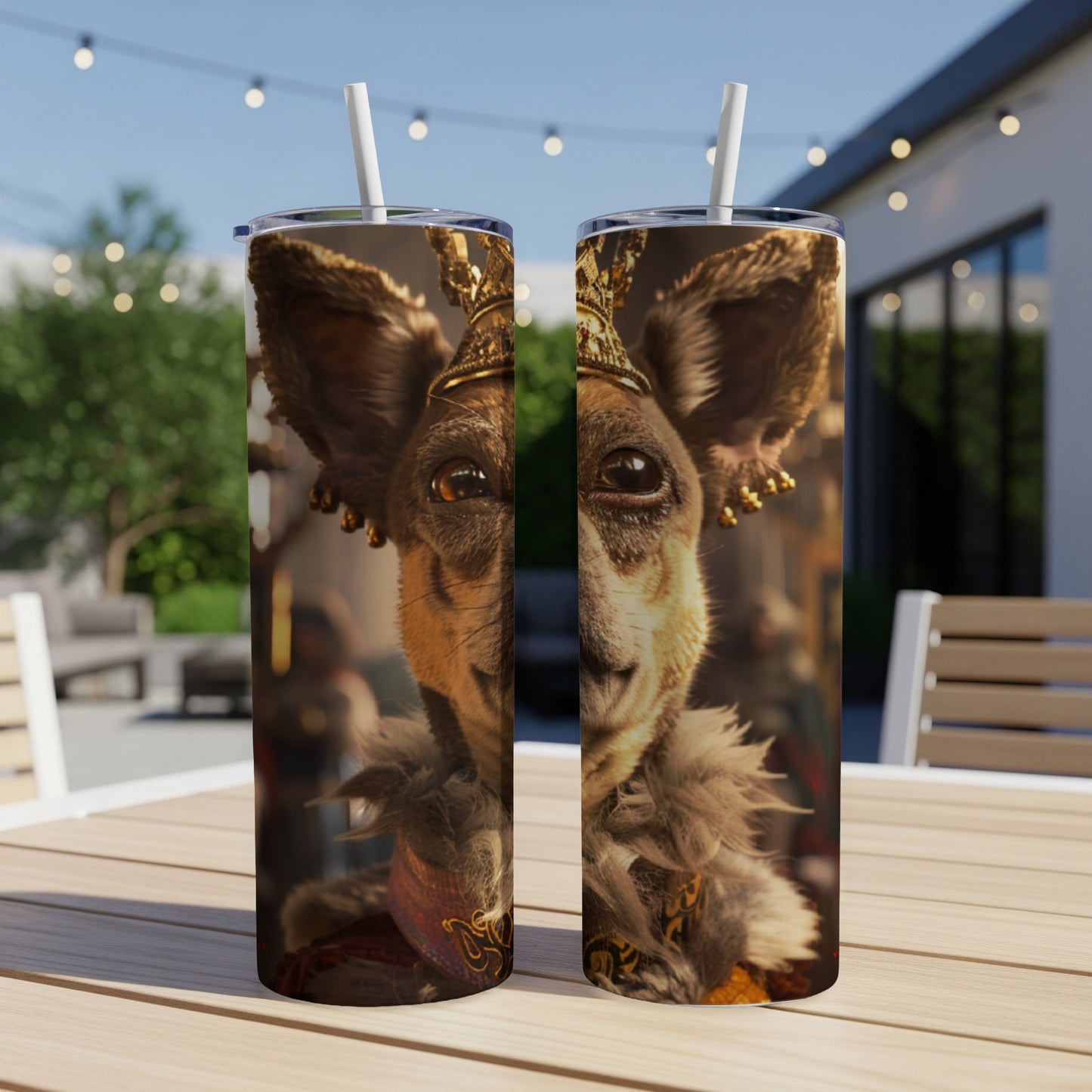 Two tumblers featuring a close-up of a character's face with large ears and ornate crown.