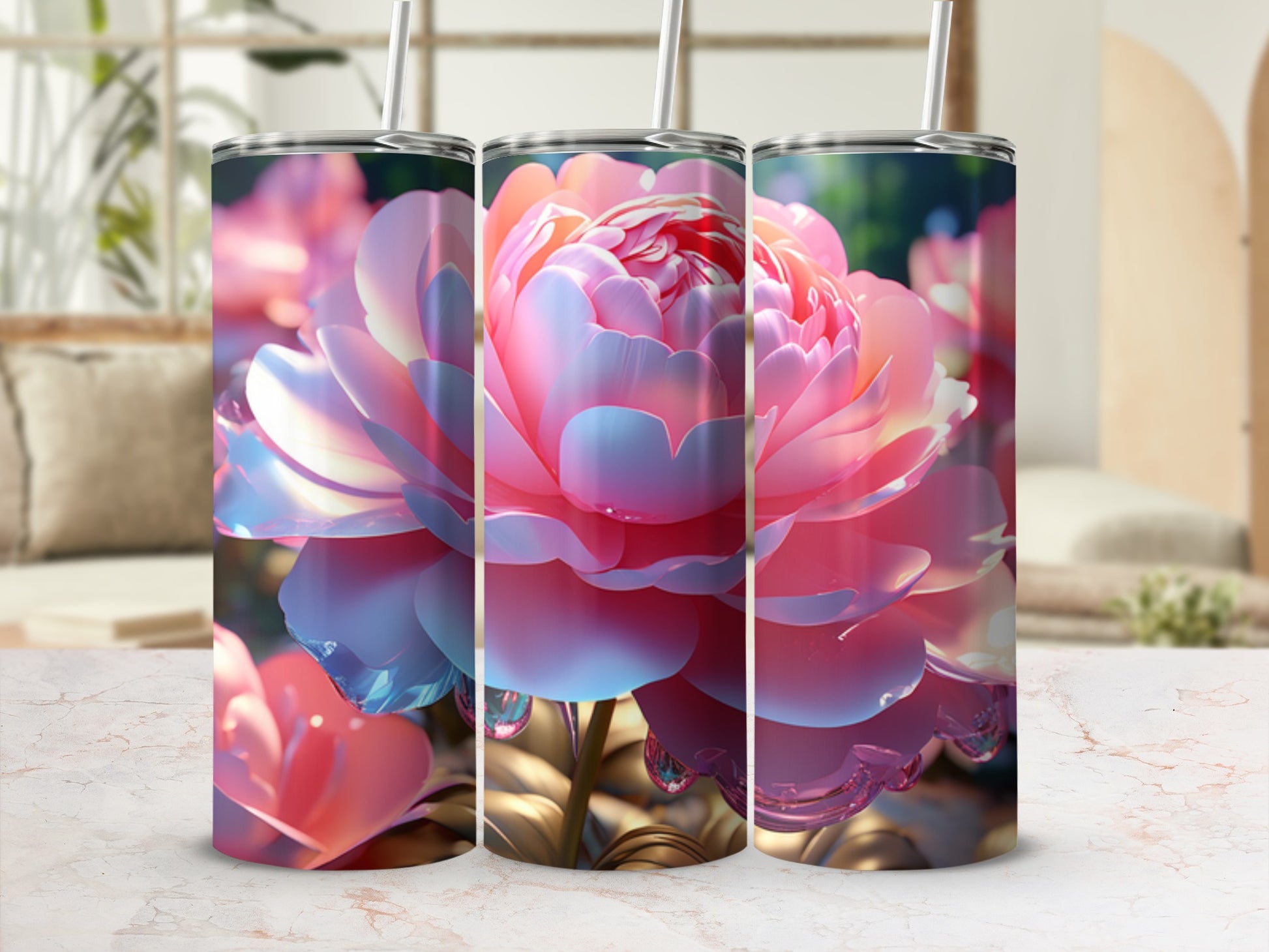 Three tumblers with a pink and blue floral design, set on a marble surface.