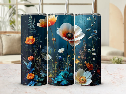 Three tumblers with a dark floral design featuring poppies and other wildflowers.