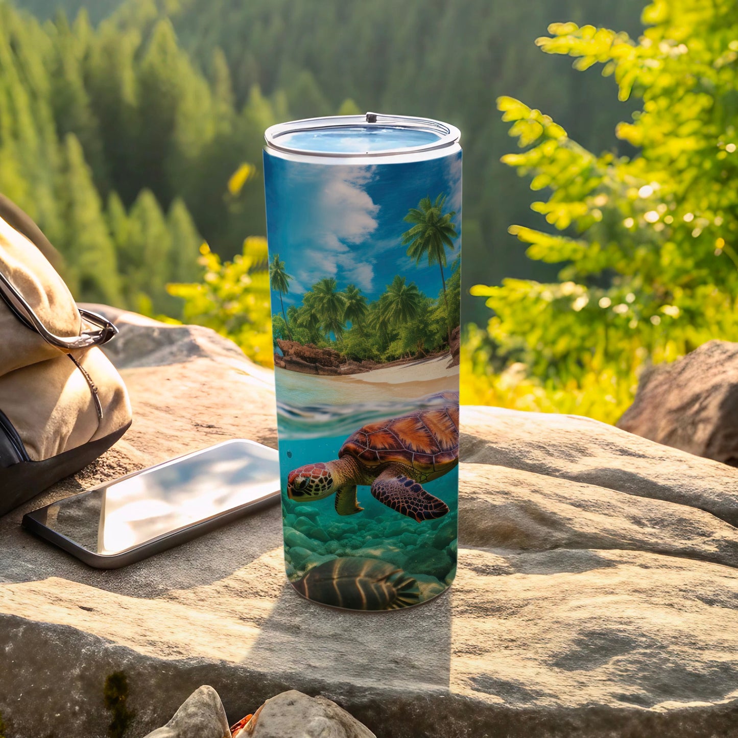 Tumbler with tropical beach scene and sea turtle illustration.