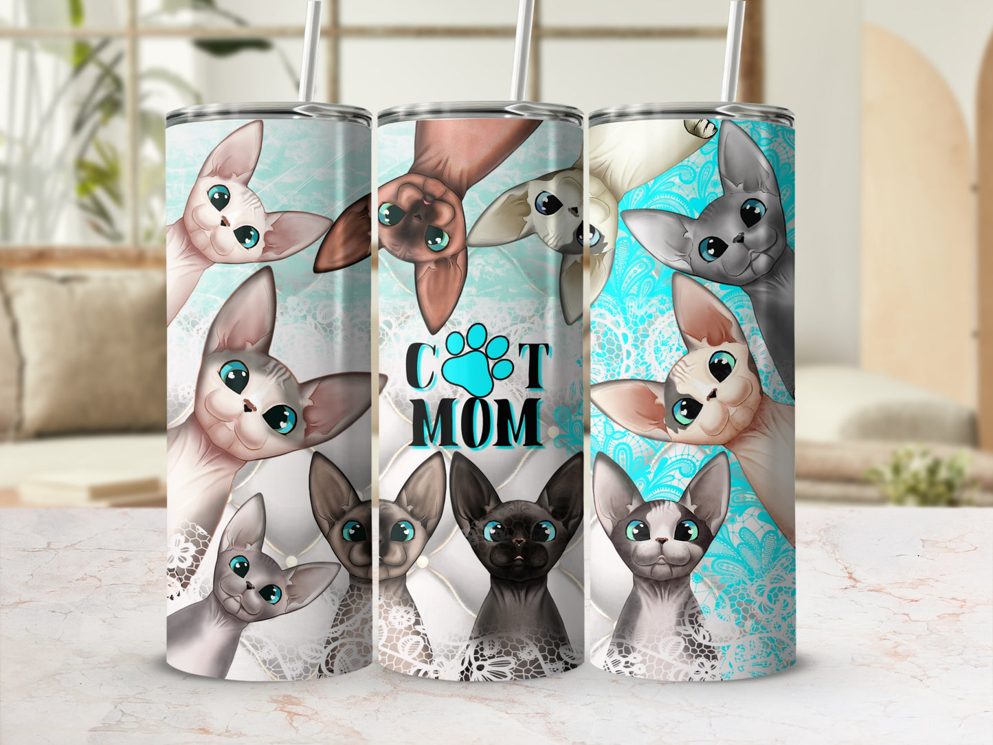 Playful Sphynx Cats Cat Mom Tumbler Unique Aqua Lace product type