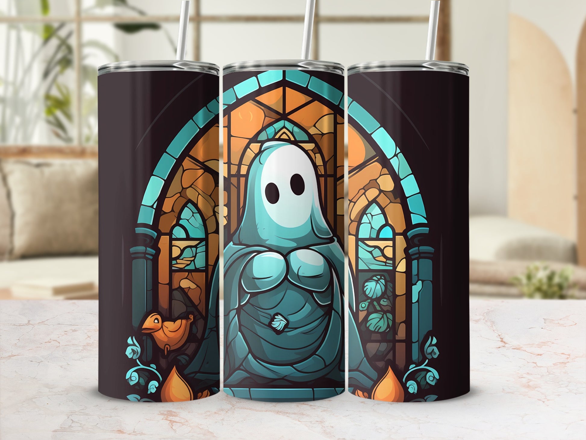 Ghost in stained glass window with orange bird on left.