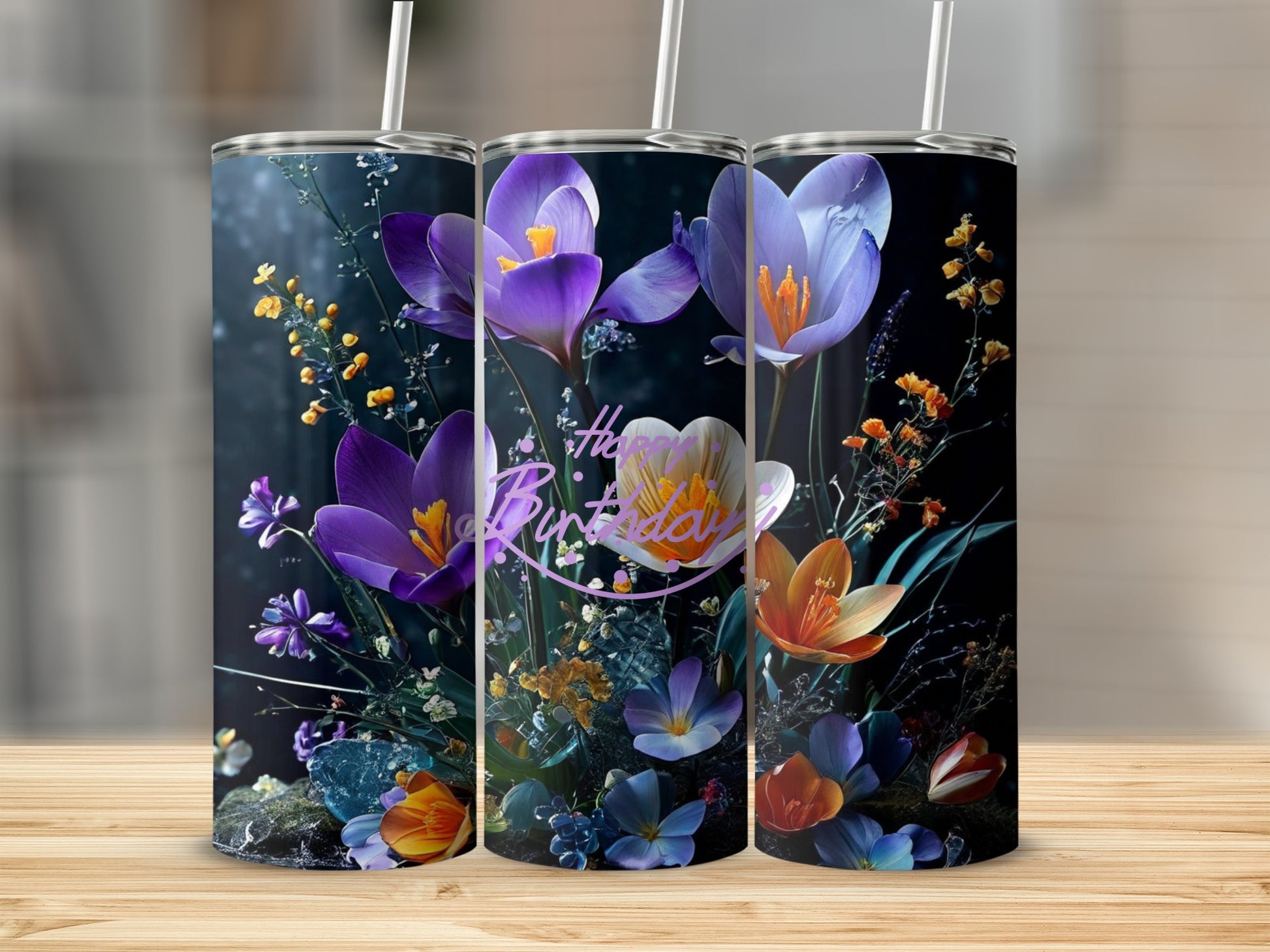 Floral tumbler with "Happy Birthday" text and purple and orange flowers.