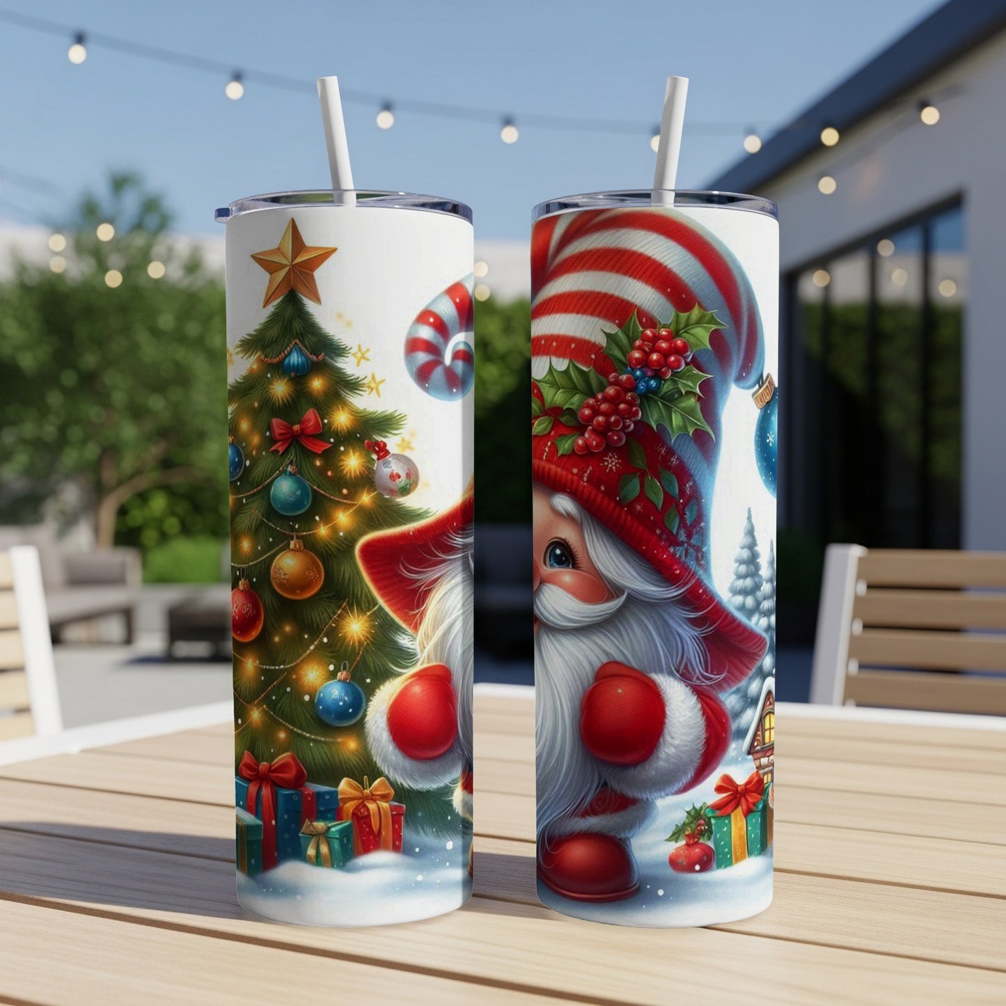 Two Santa Claus tumblers with Christmas tree and candy cane designs.
