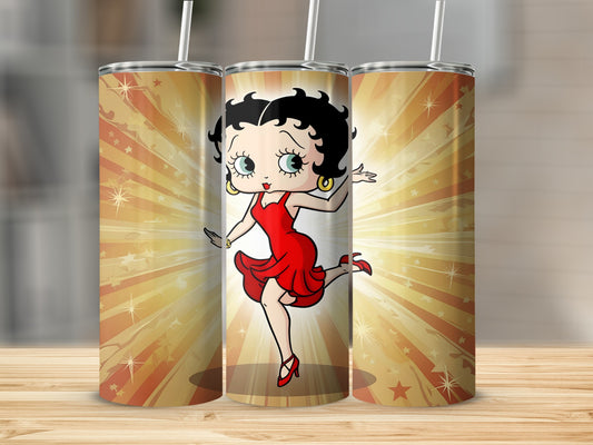Betty Boop in a red dress dancing on a stage with starbursts.