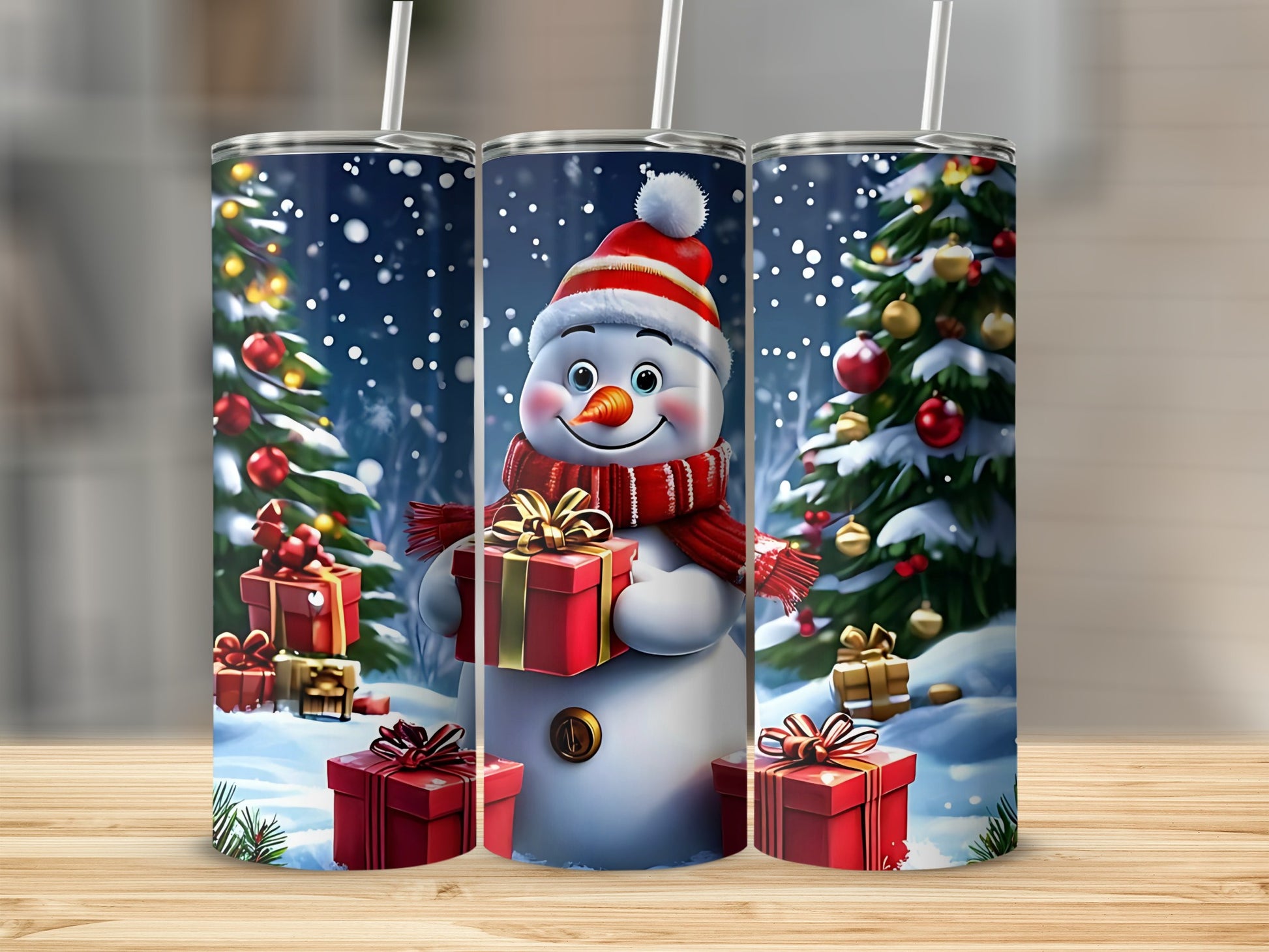Festive Snowman and Holiday Trees Scene Tumbler