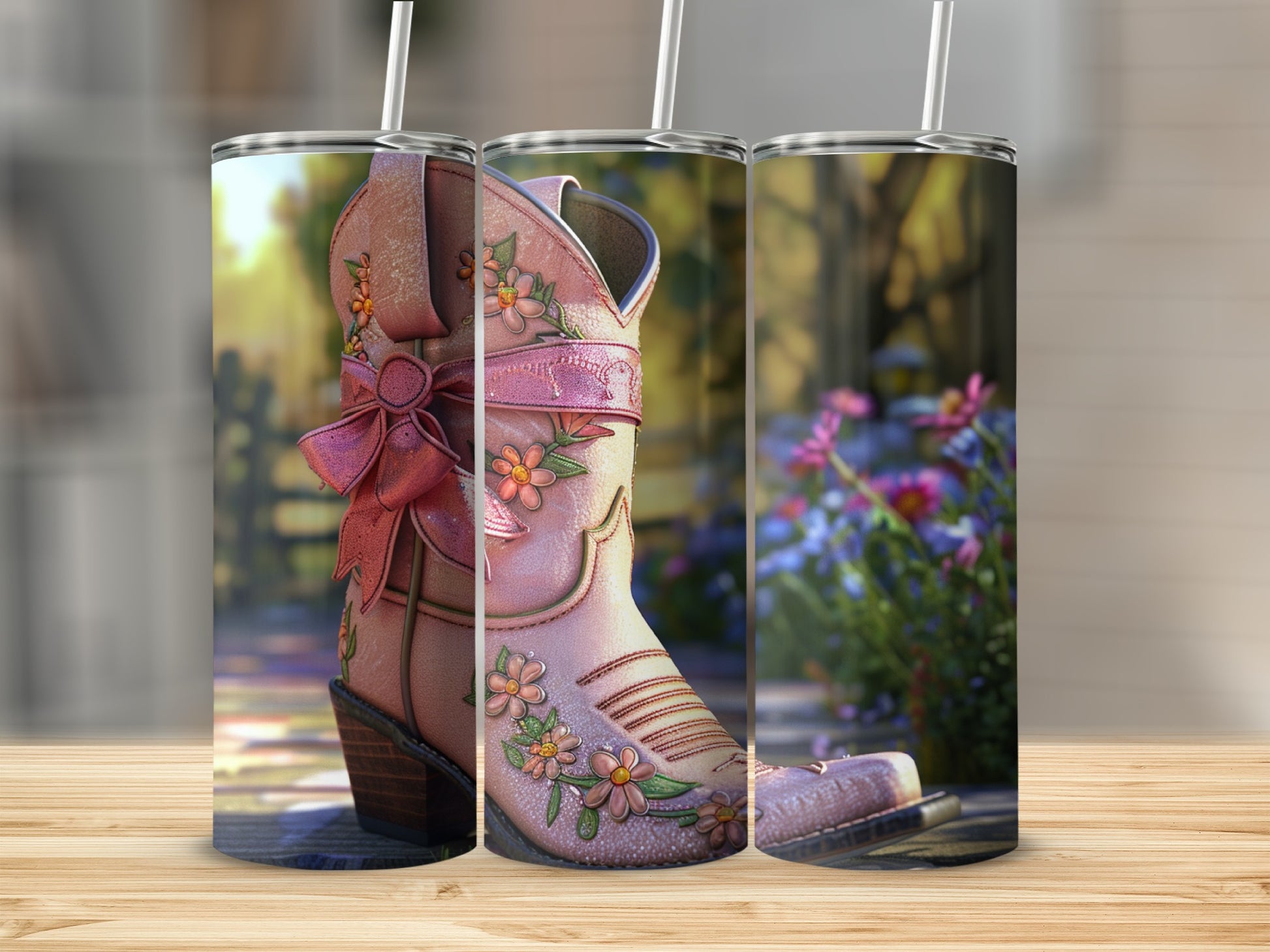 Pink cowboy boot with floral embroidery and bow, displayed in three vertical panels.