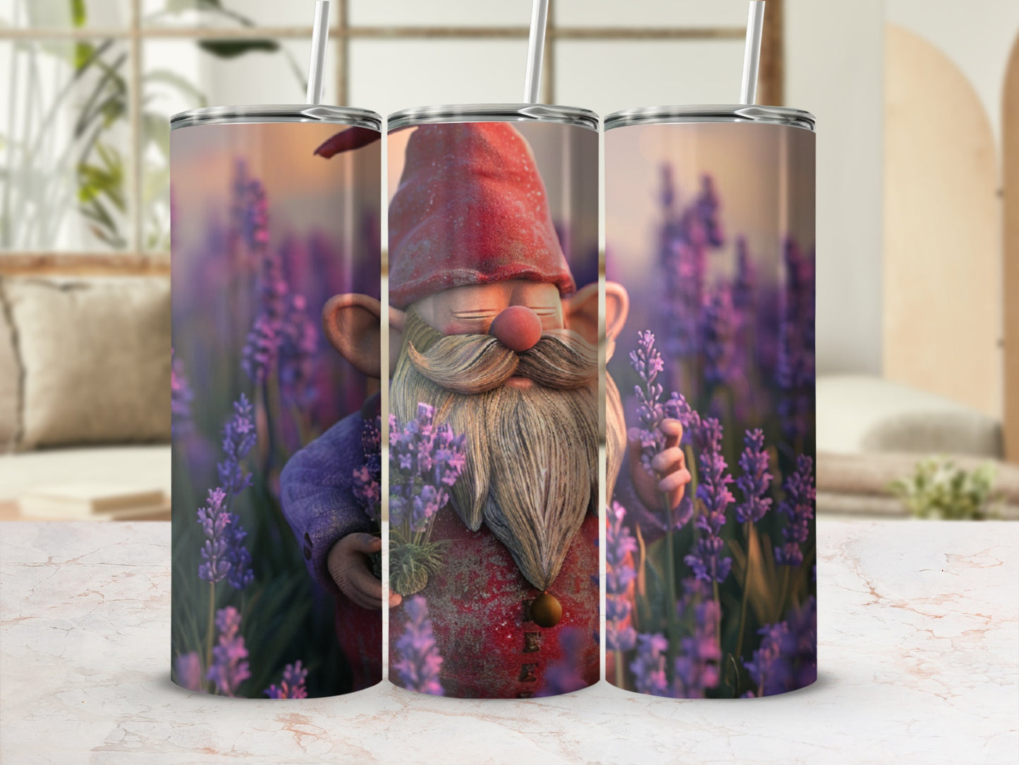 Triptych of a gnome with a red hat in a lavender field.