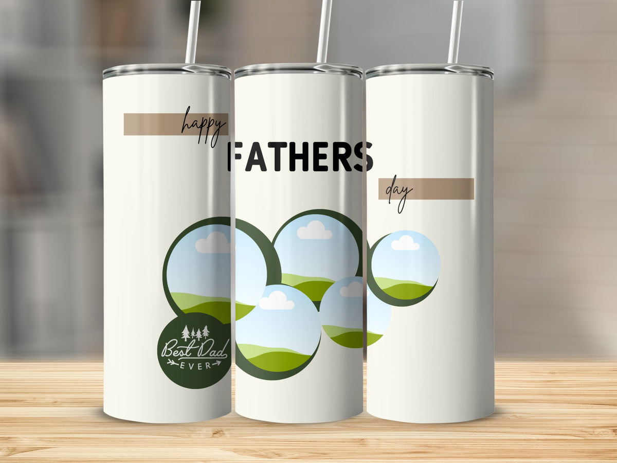 Three white tumblers with "Happy Fathers Day" and "Best Dad Ever" text and landscape circles.