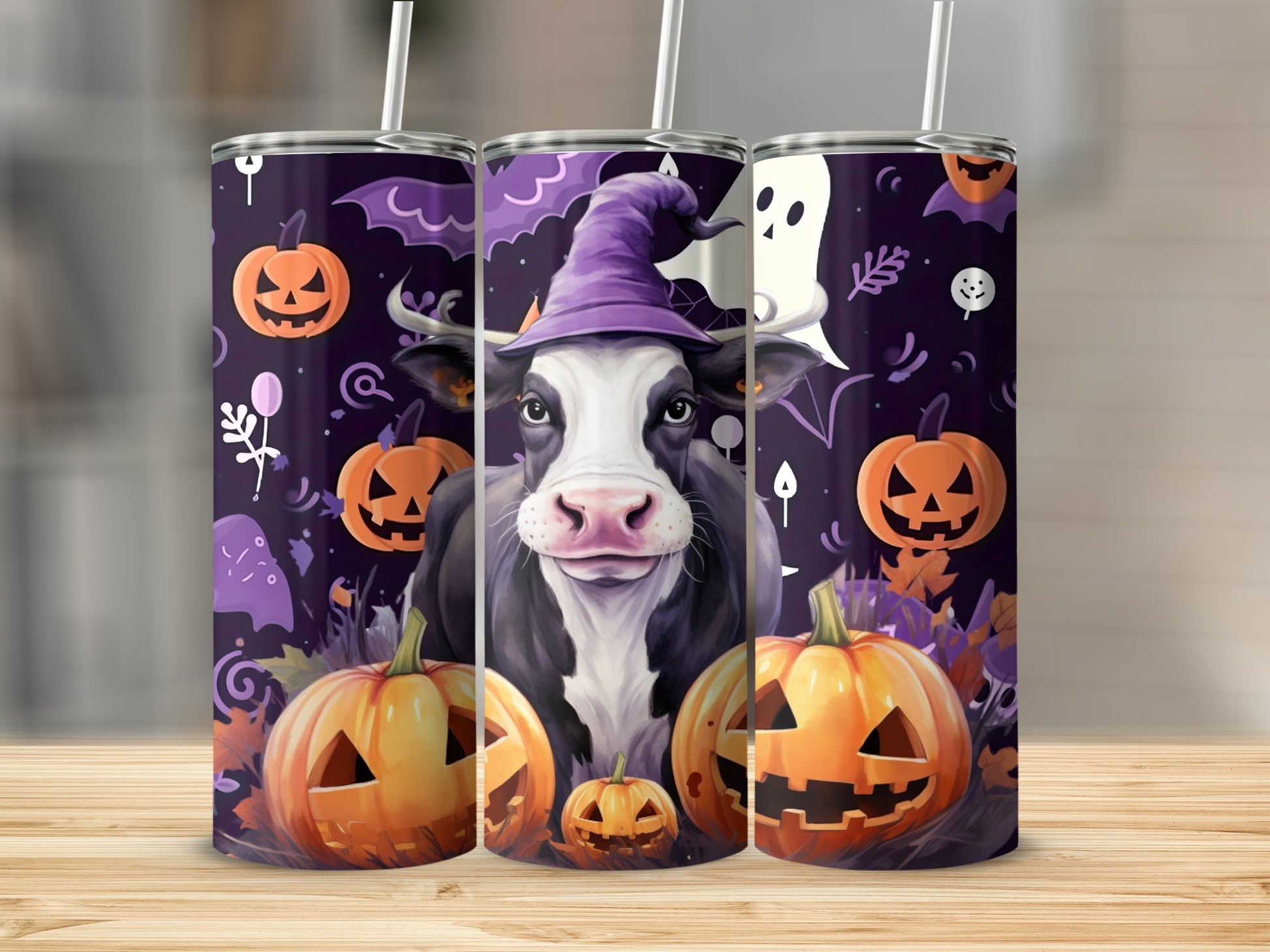 Halloween Cow with Pumpkins and Ghosts Tumbler