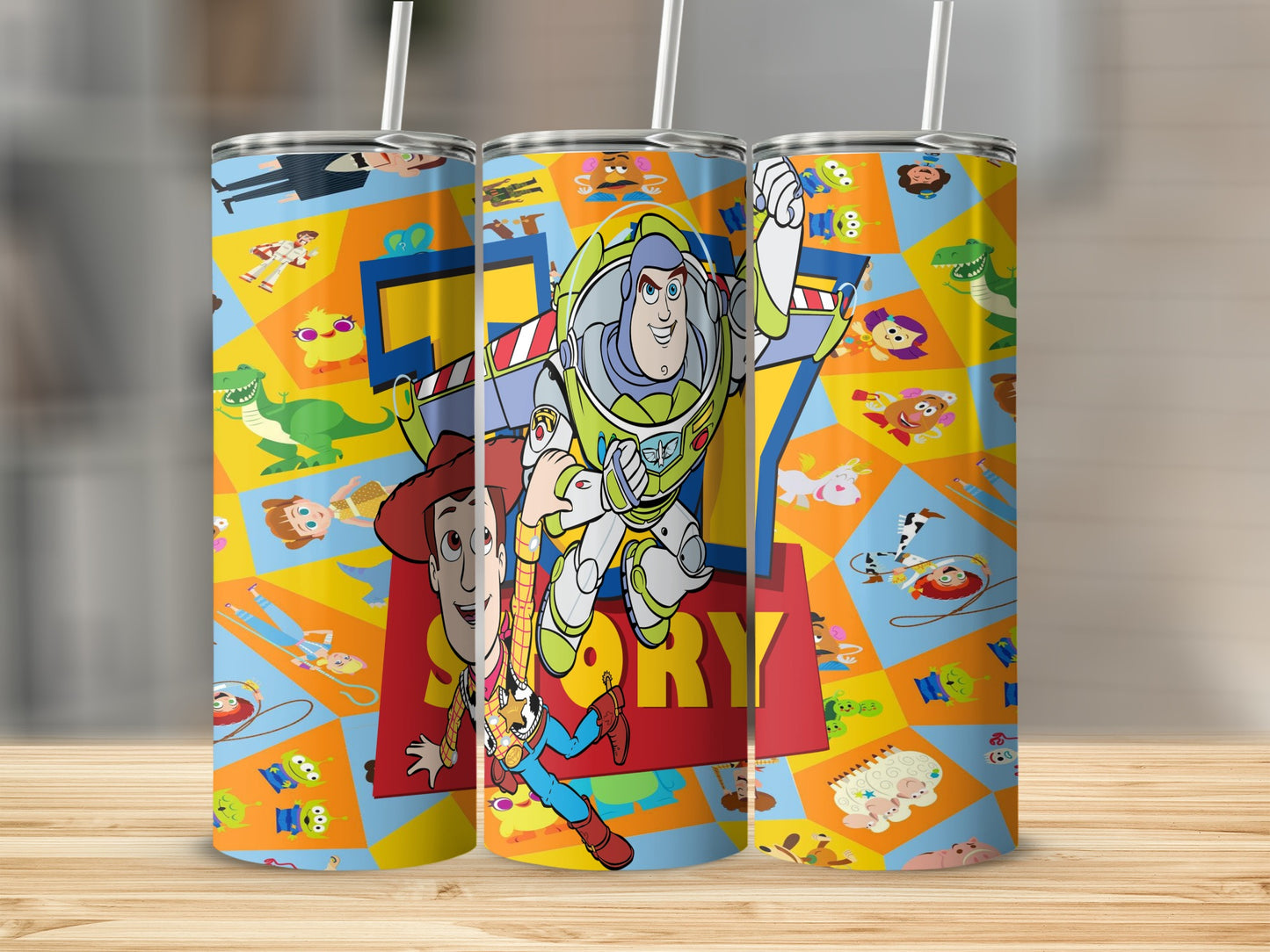 Toy Story characters on a colorful geometric pattern tumbler.