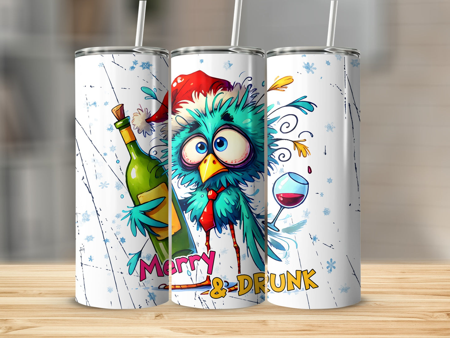 Cartoon bird in Santa hat holding wine bottle and glass, text Merry & Drunk.