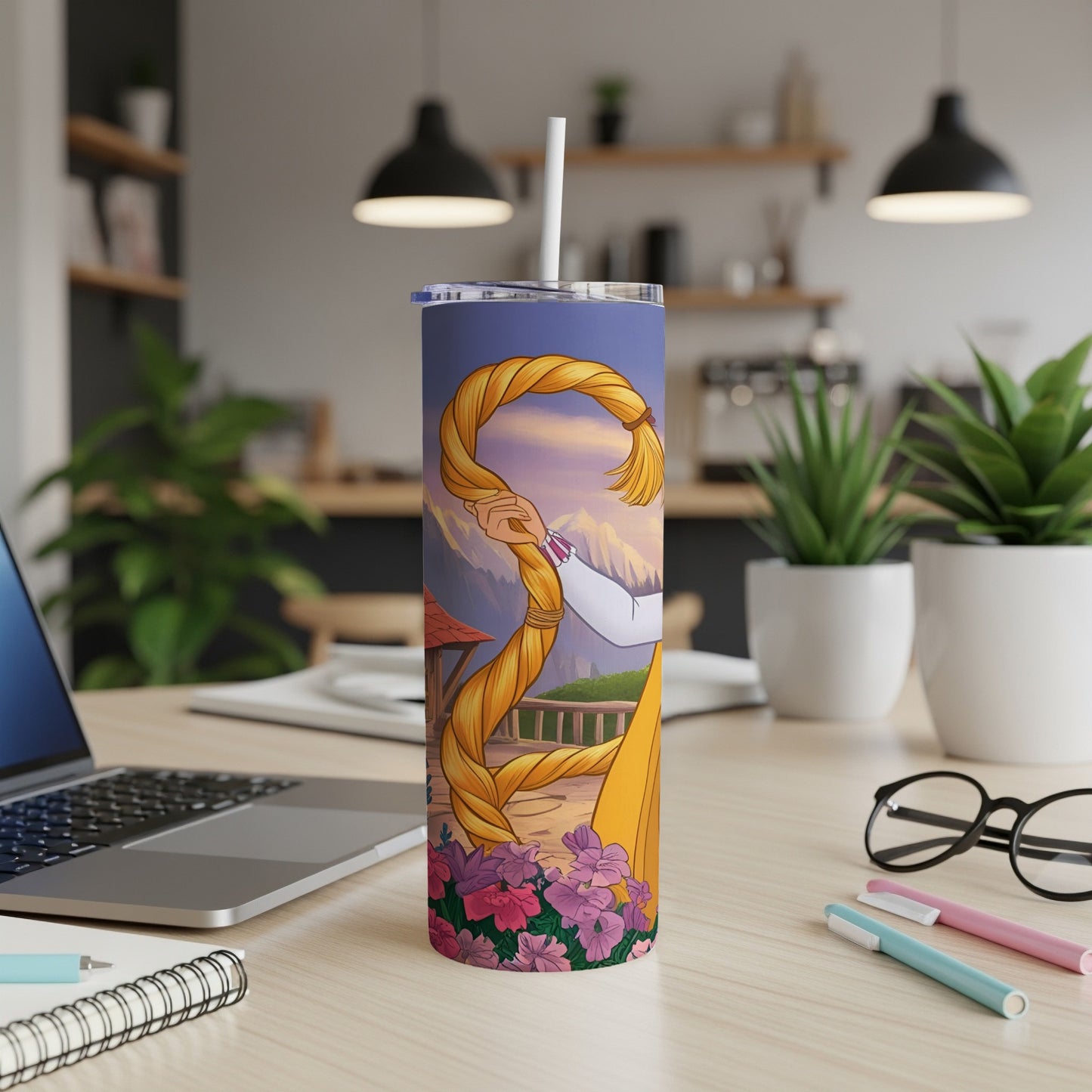 Rapunzel's long blonde hair with flowers and a straw on a purple tumbler.