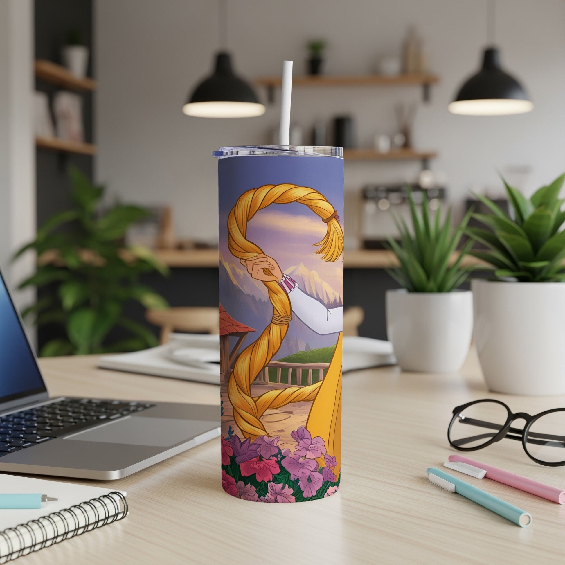 Rapunzel's long blonde hair with flowers and a straw on a purple tumbler.