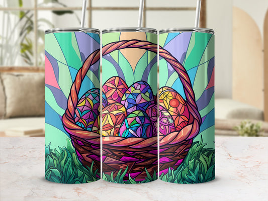 Triptych of Easter eggs in a basket, surrounded by green grass, on a colorful stained-glass background.