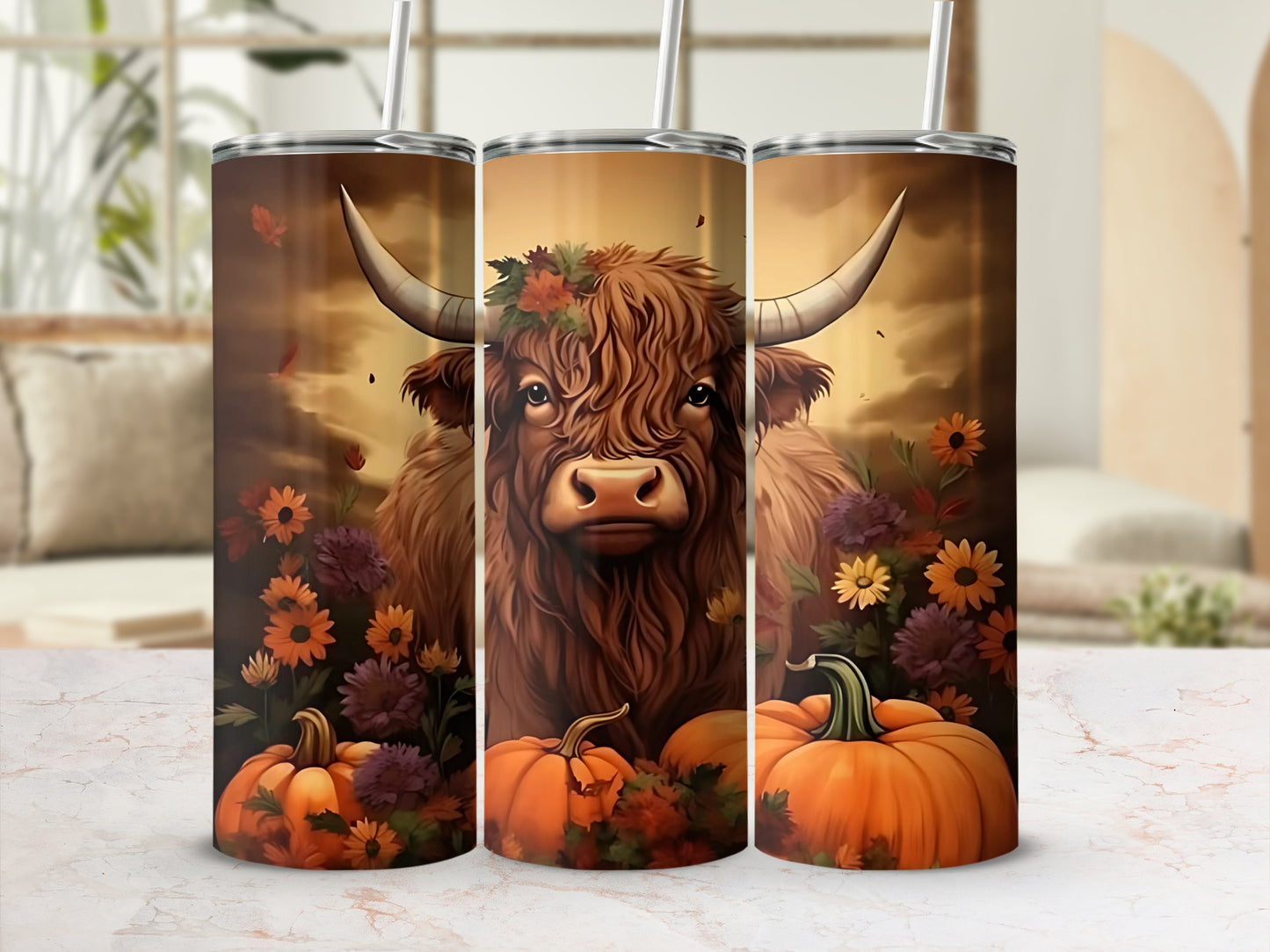 Highland Cow with Pumpkins and Flowers Tumbler