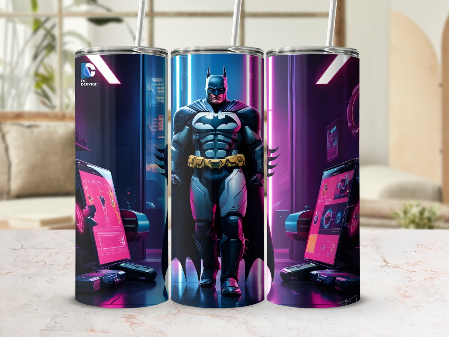 Batman on a tumbler with screens showing tech and circuit designs.