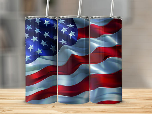 Three tumblers featuring a waving American flag design.