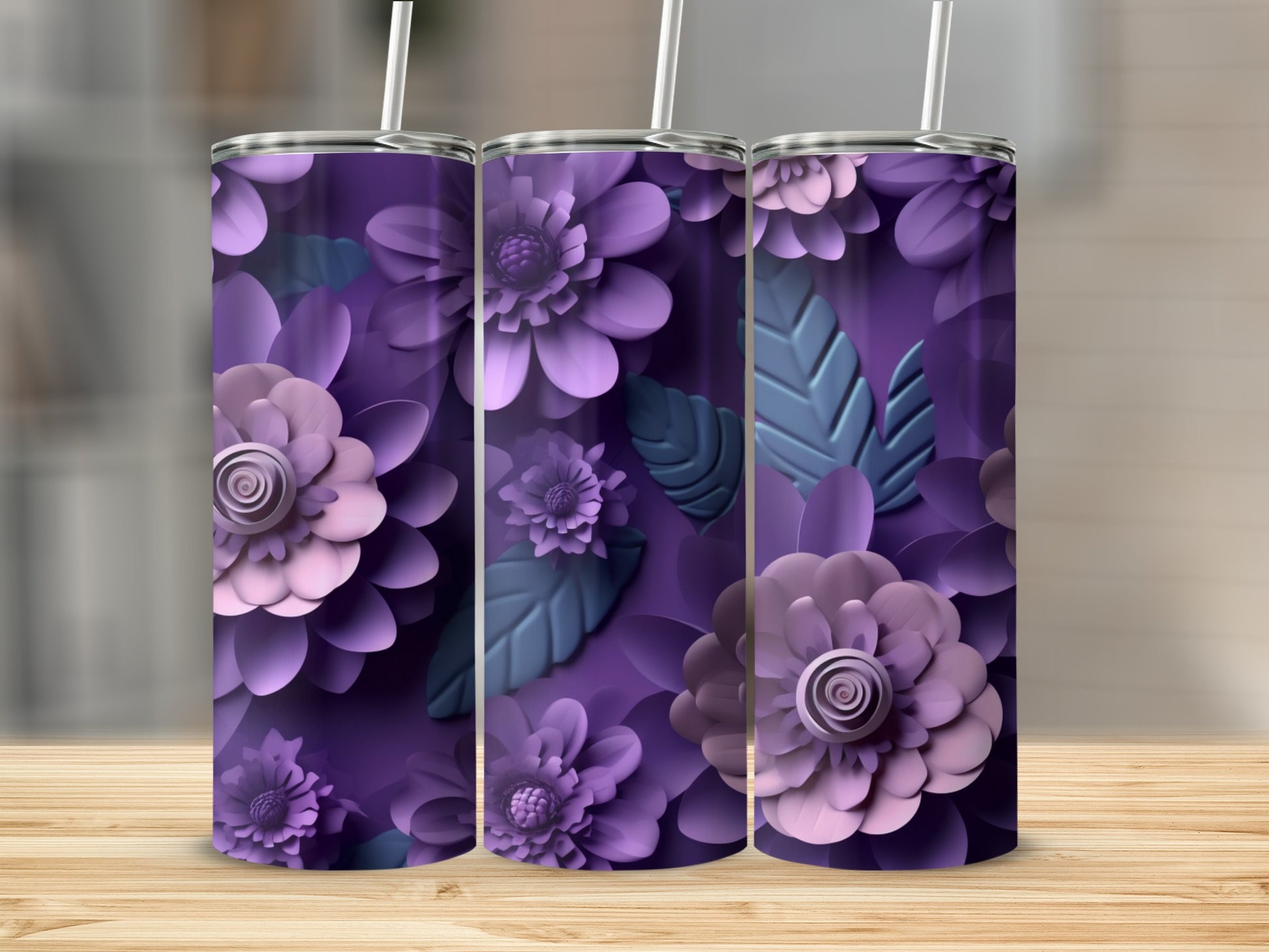 Purple Floral Pattern Tumbler with Straw Beautiful Design