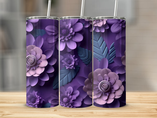 Purple Floral Pattern Tumbler with Straw Beautiful Design