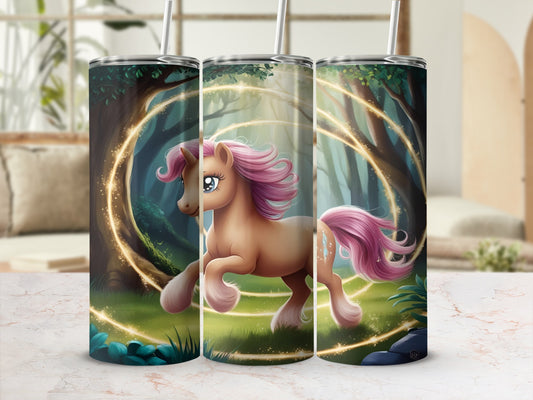 Unicorn in a magical forest with glowing rings and swirls.