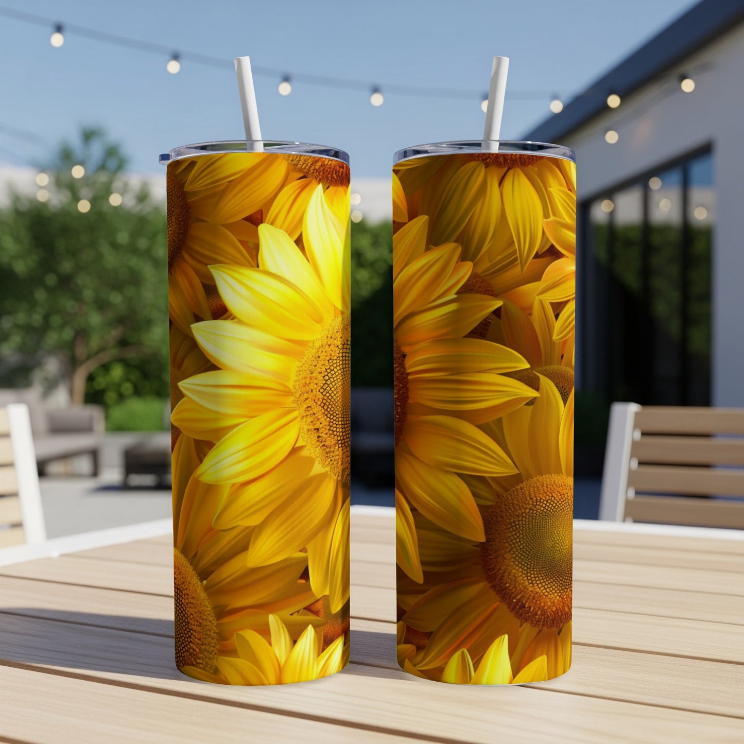 Two tumblers with a close-up sunflower print sit on a table.