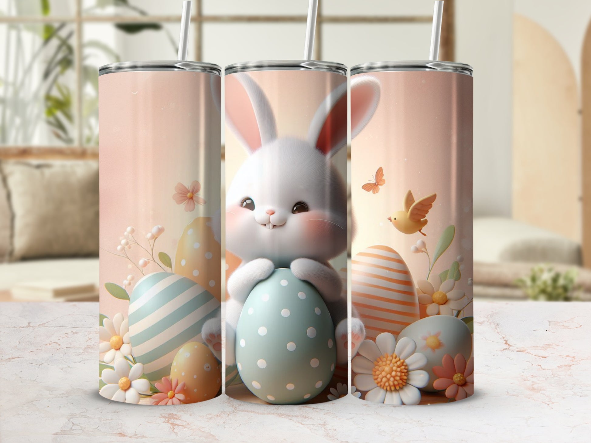 Cute Easter bunny with pastel eggs and flowers on a tumbler.