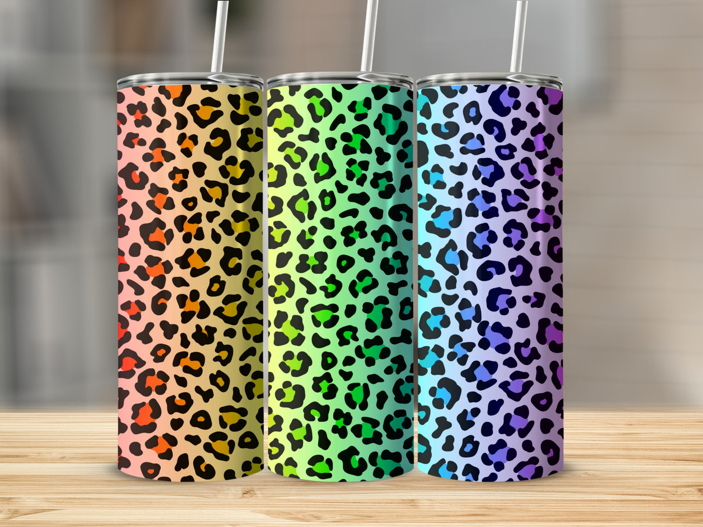 Vibrant Leopard Print Skinny Tumbler Set with Straws