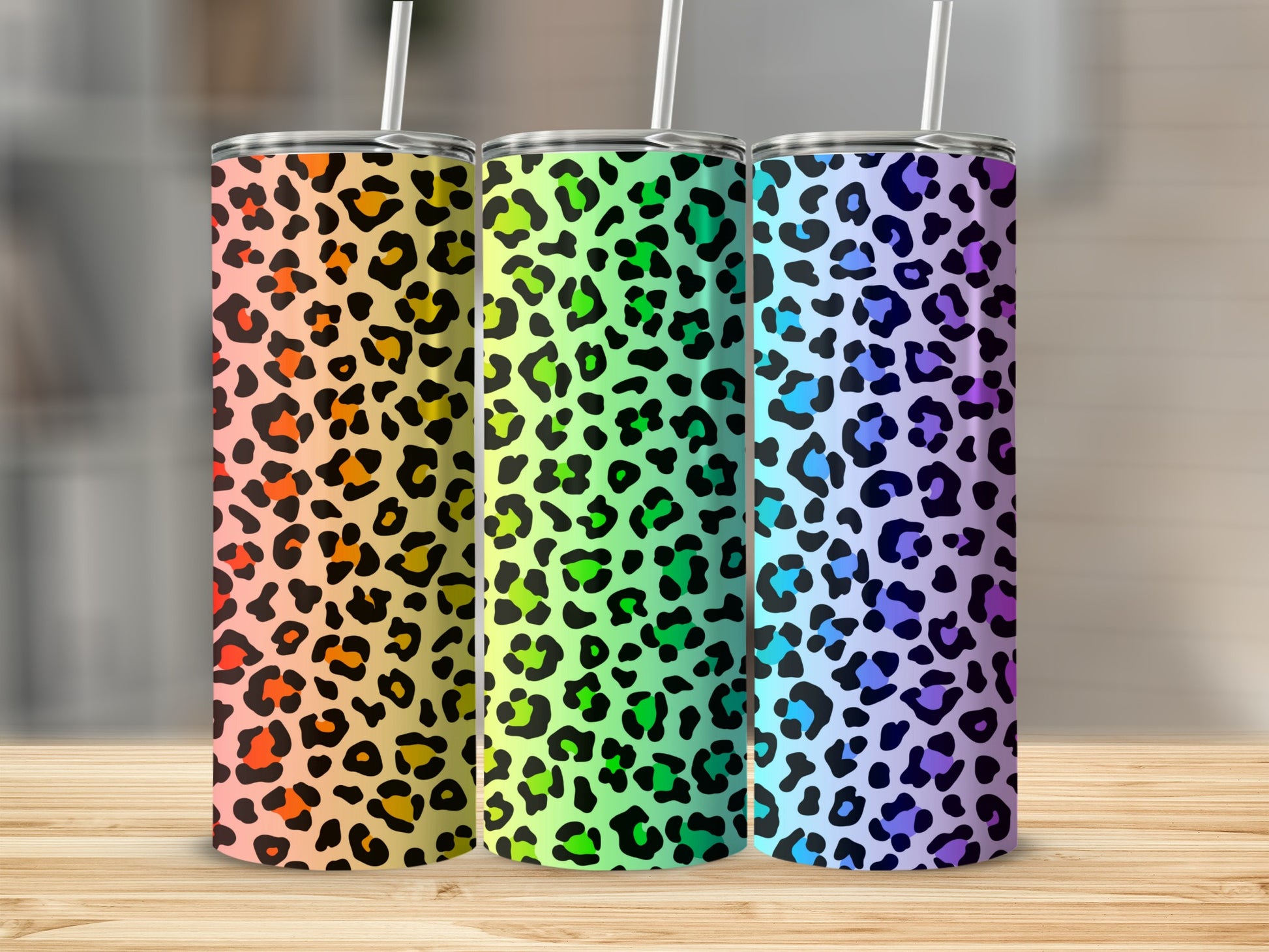 Vibrant Leopard Print Skinny Tumbler Set with Straws