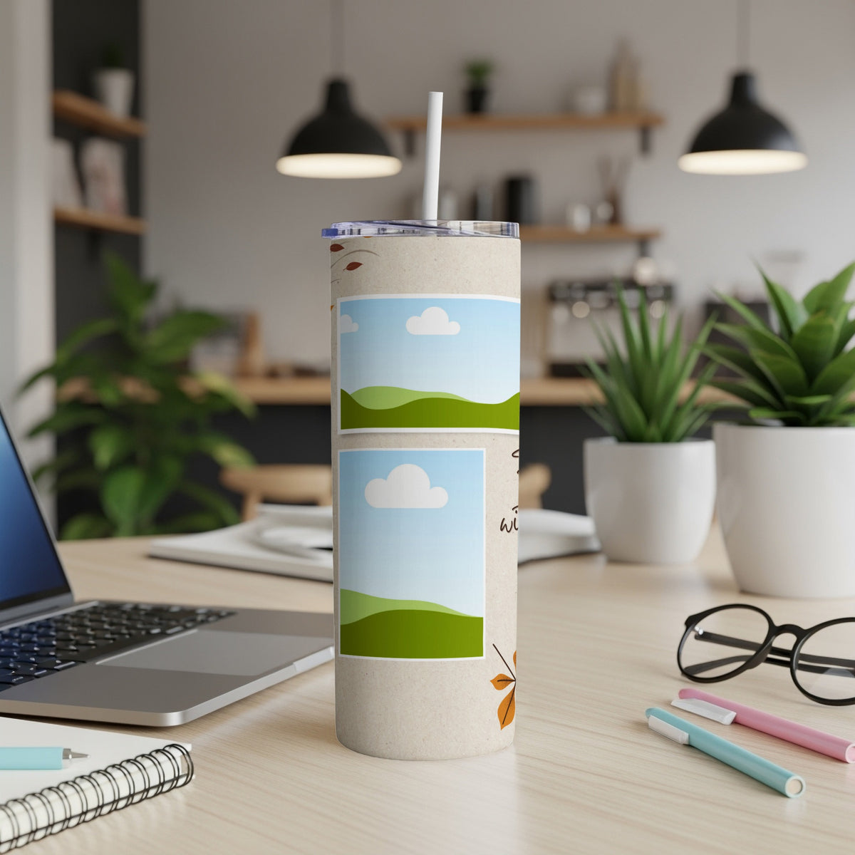Tall tumbler with straw, two landscape photo slots, and fall leaf accents.
