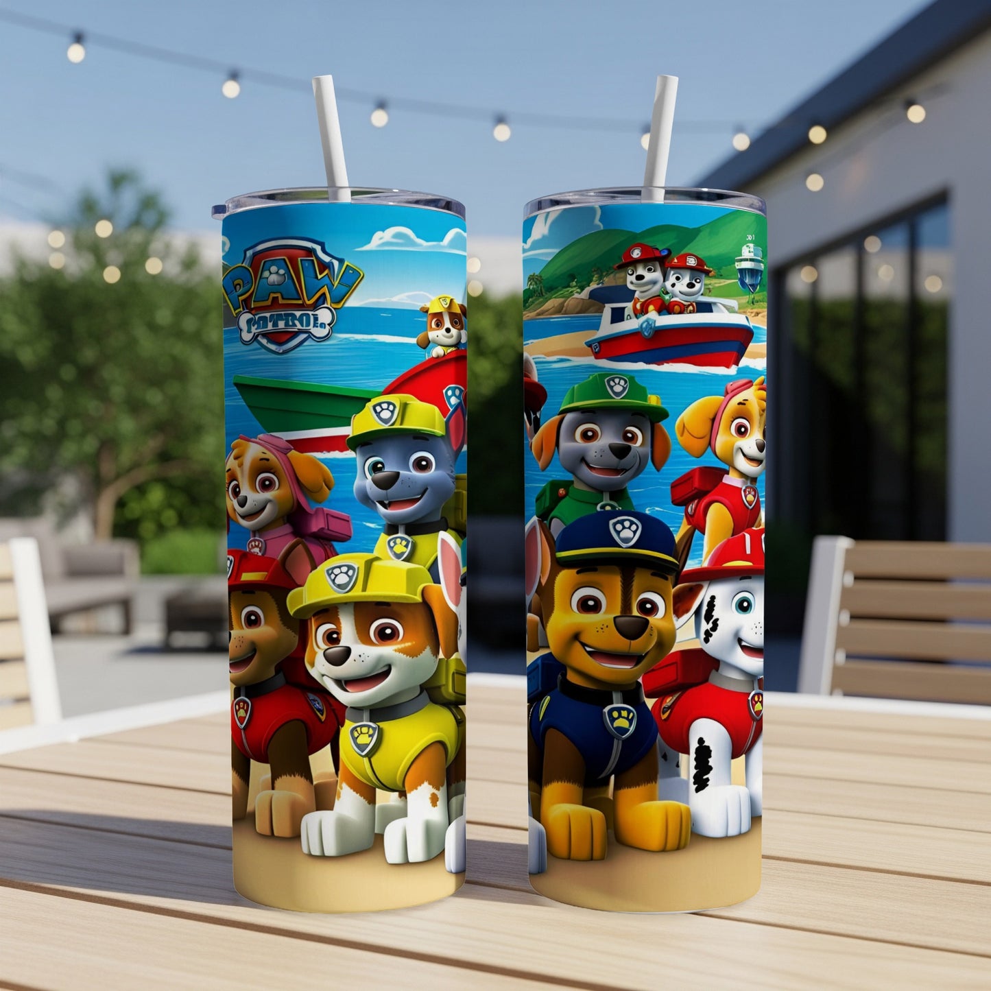 Paw Patrol characters on two tumblers with a boat and beach scene.