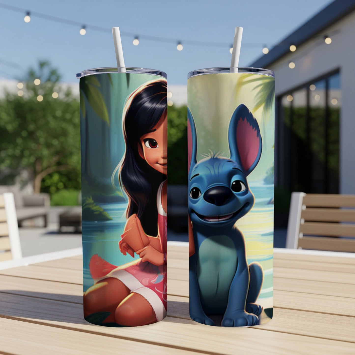 Lilo and Stitch characters on a white tumbler with a straw.