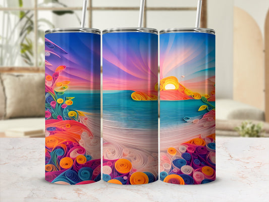Three tumblers with a colorful sunrise seascape and paper quilling wave design.
