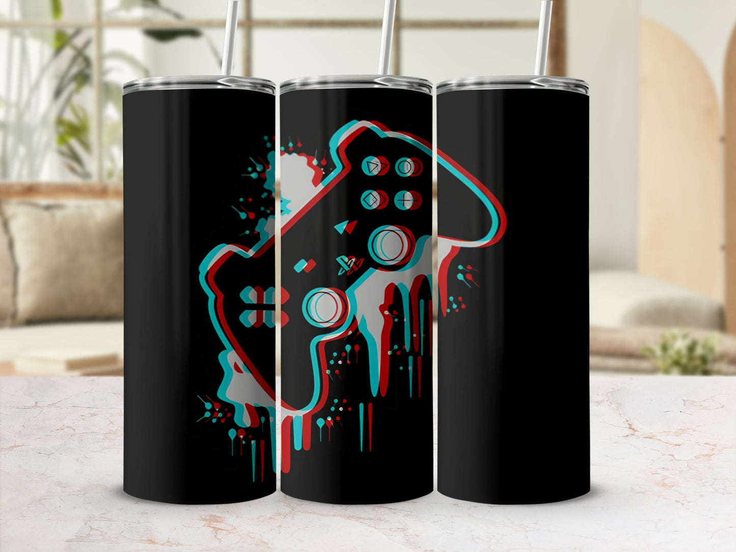 Black tumbler with a glitch art video game controller design.
