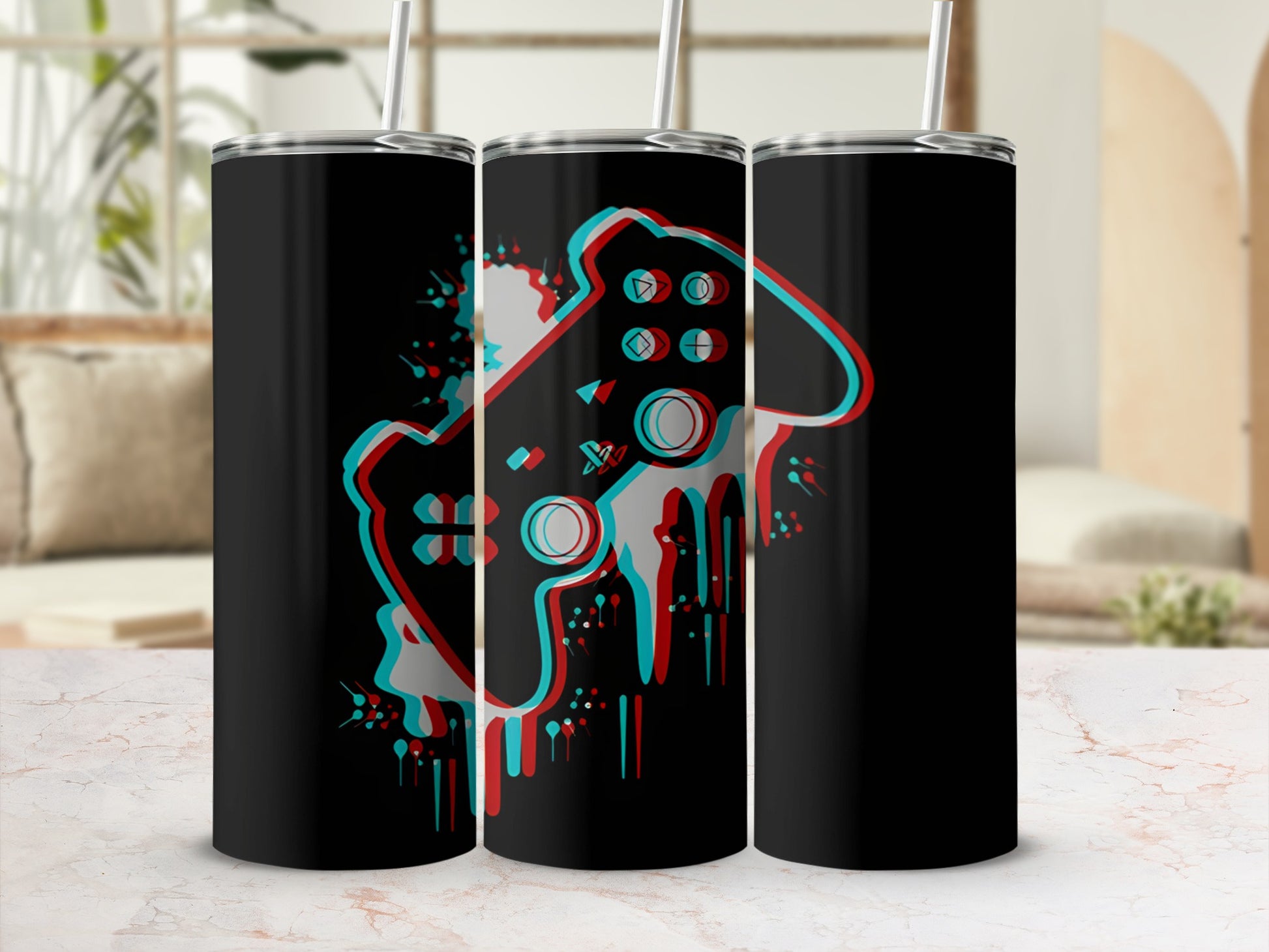 Black tumbler with a glitch art video game controller design.