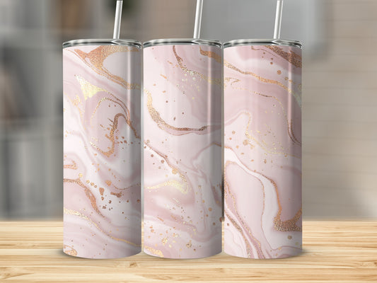 Three tumblers with a pink and gold marble pattern displayed on a wooden surface.
