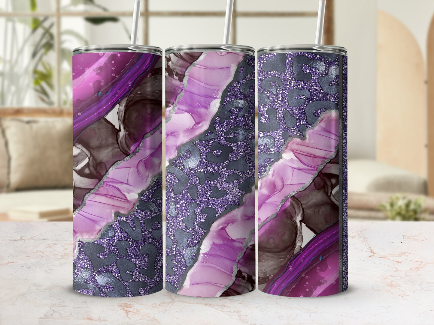 Purple and Black Geometric Glitter Design Tumbler