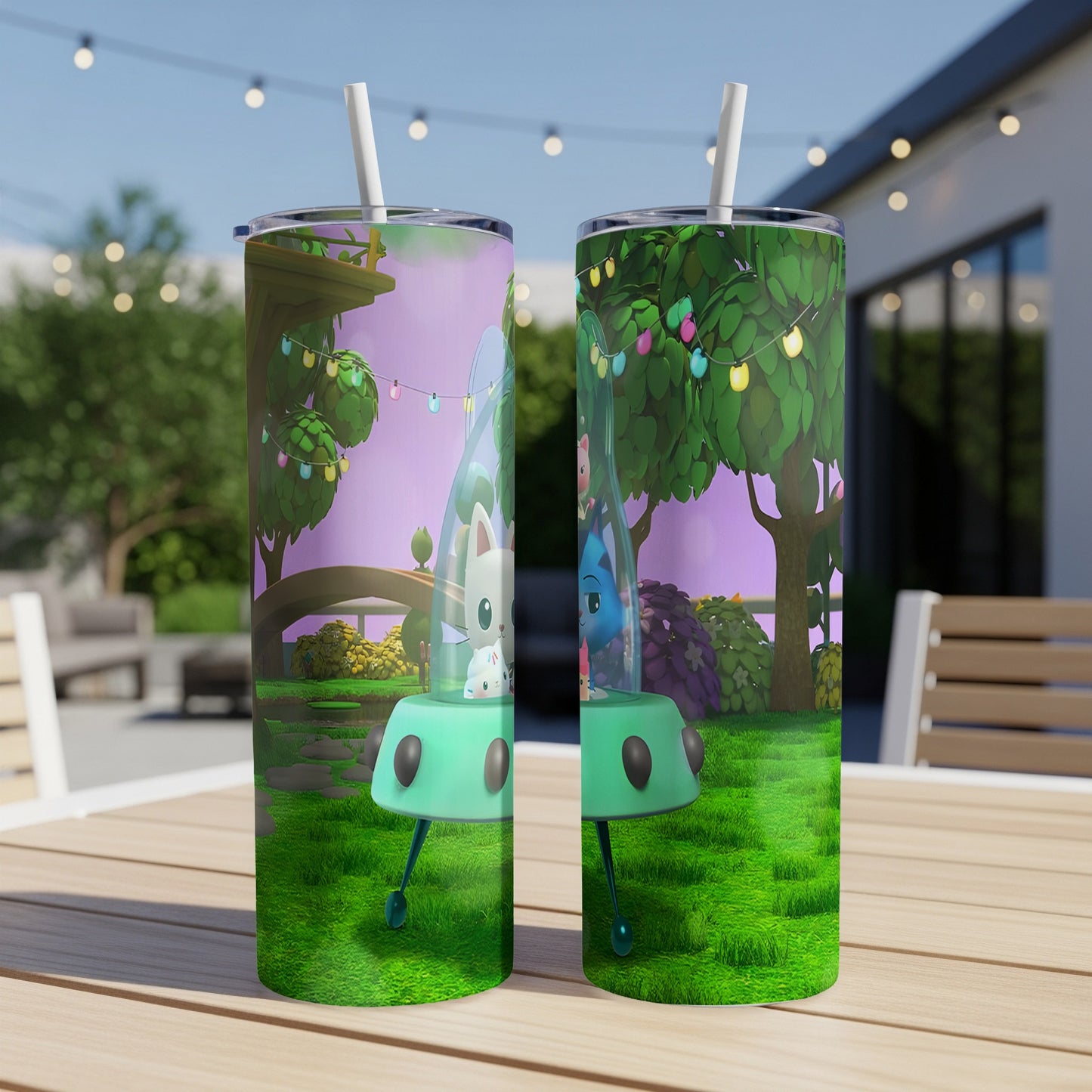 Two tumblers featuring cartoon characters in a spaceship and a whimsical outdoor setting.