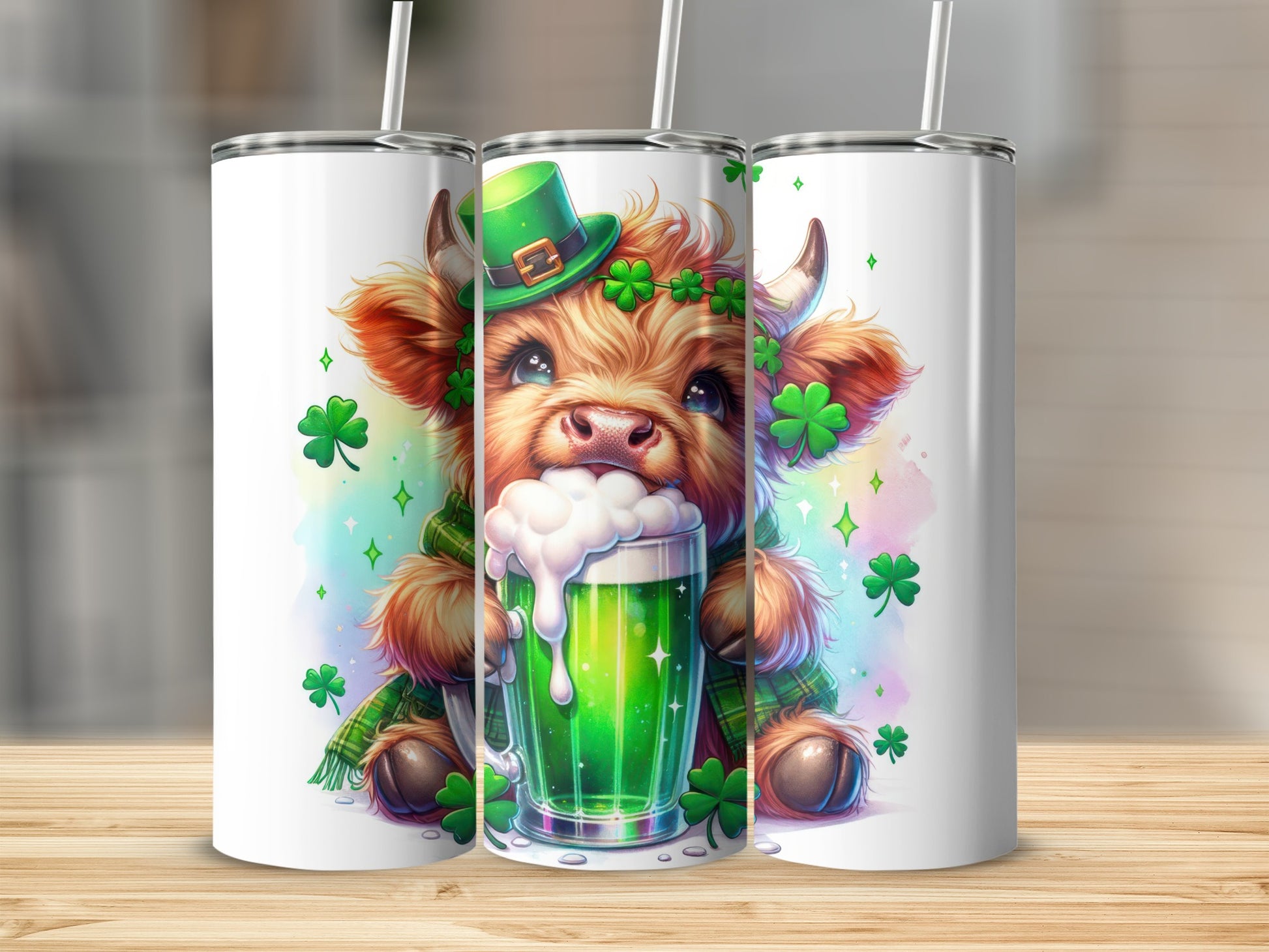 Cute cow wearing a green hat and scarf, holding a frothy green drink.