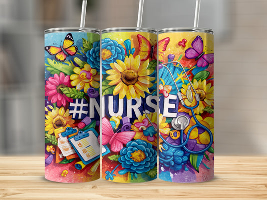 Floral "Nurse" tumbler with stethoscope and clipboard art.