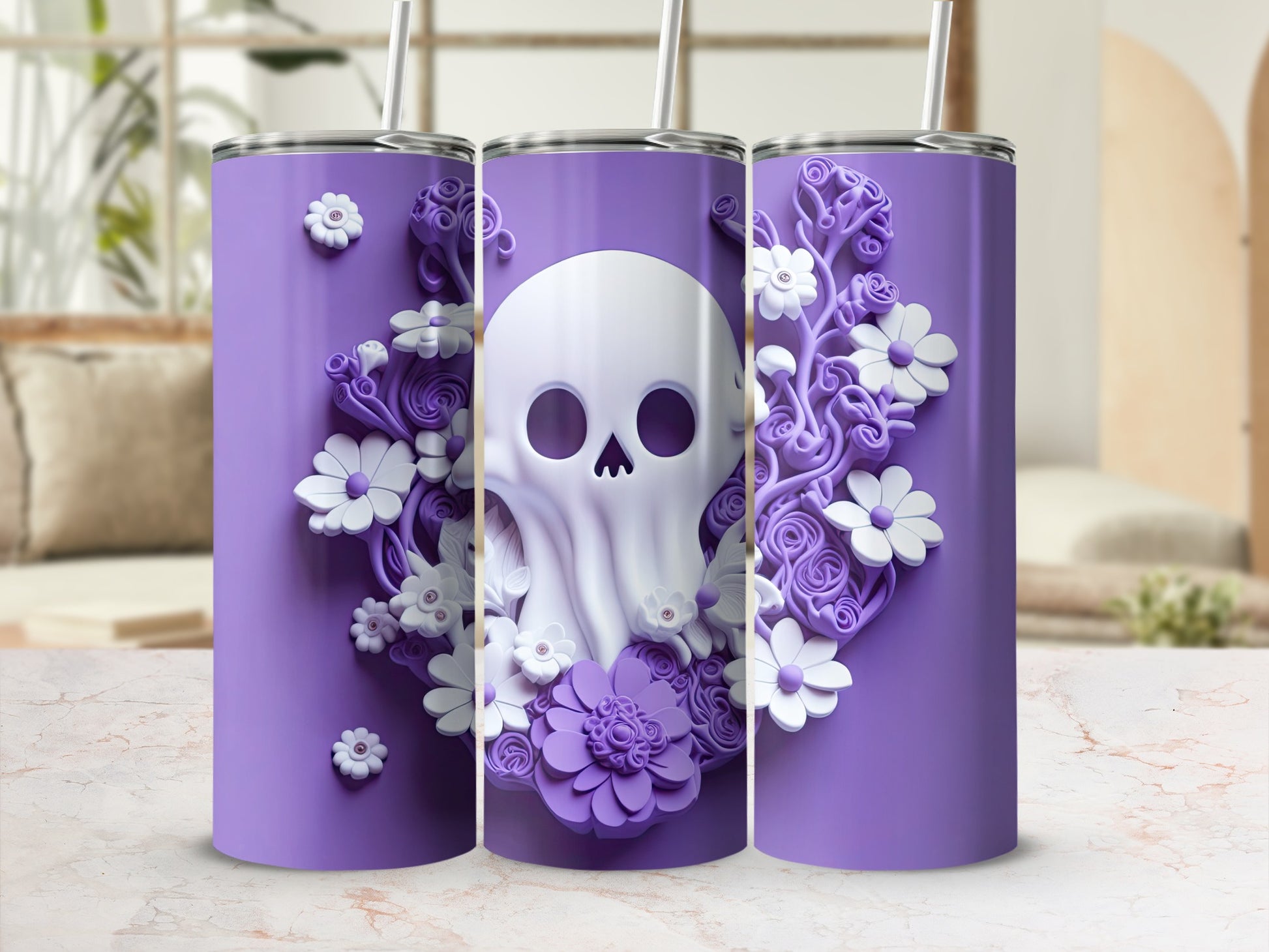 Purple tumbler with a 3D skull and floral design, featuring white and purple flowers.